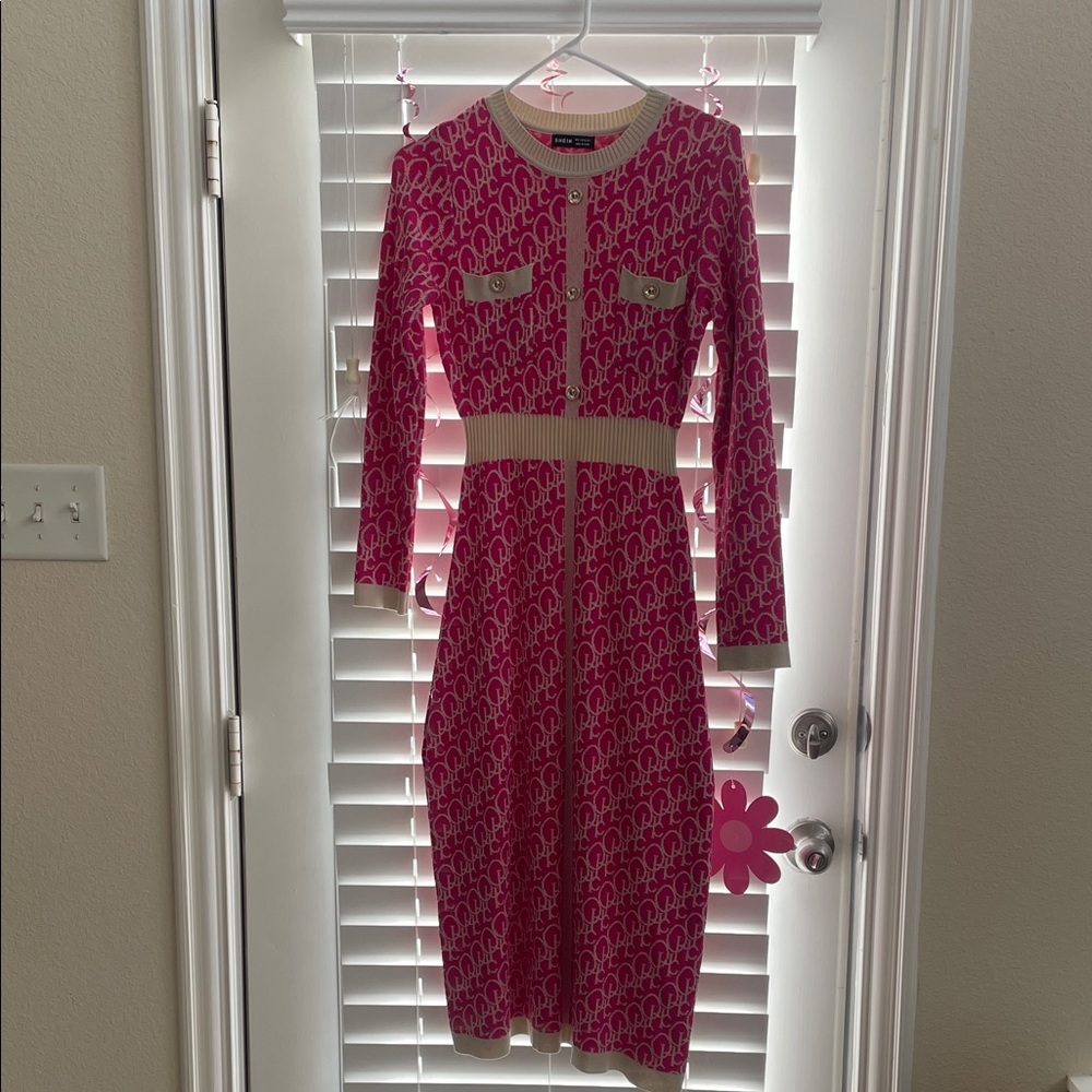 Shein Stylish Pink Patterned Sweater MIDI Dress S